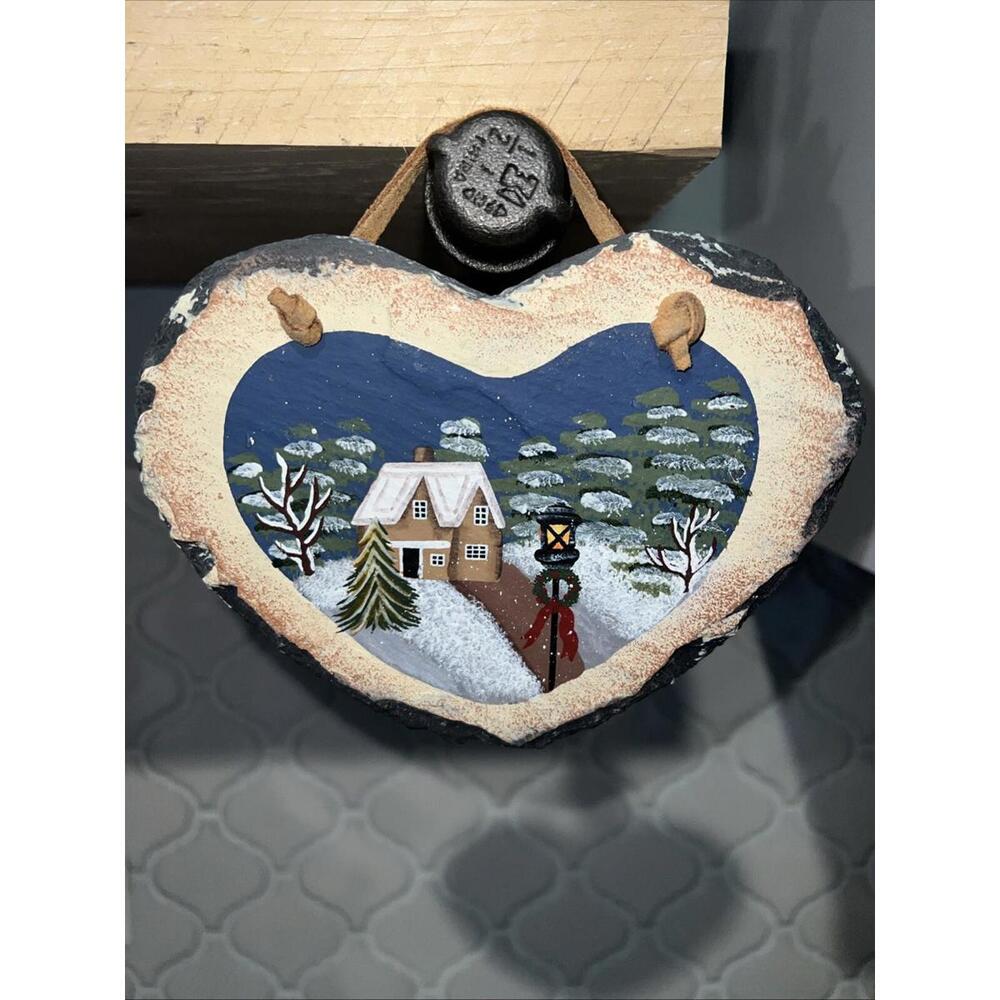 Heart Shaped Slate Wall Hanging Piece Painted W/Winter Scene House, Tree, Wreath